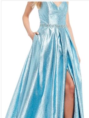 Coya Collection V-Neck Beaded Waist High Slit Prom Dress Ice Blue XS